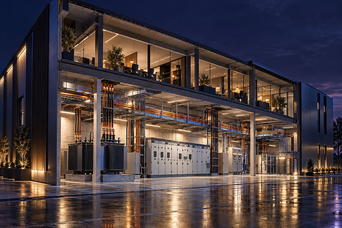 Écorché nocturne d’un bâtiment tertiaire et industriel : transformateur, armoires et distributions cuivre sous les bureaux
