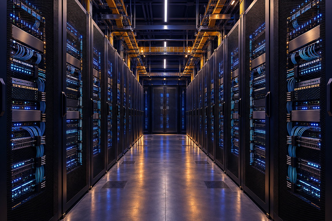 Allée de baies informatiques, brassage fibre peigné
