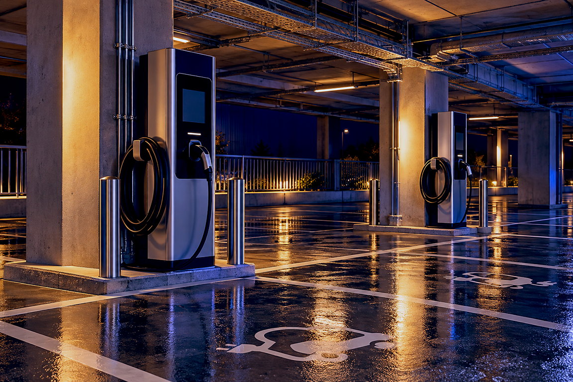 Bornes de recharge et câbles lovés dans un parking éclairé