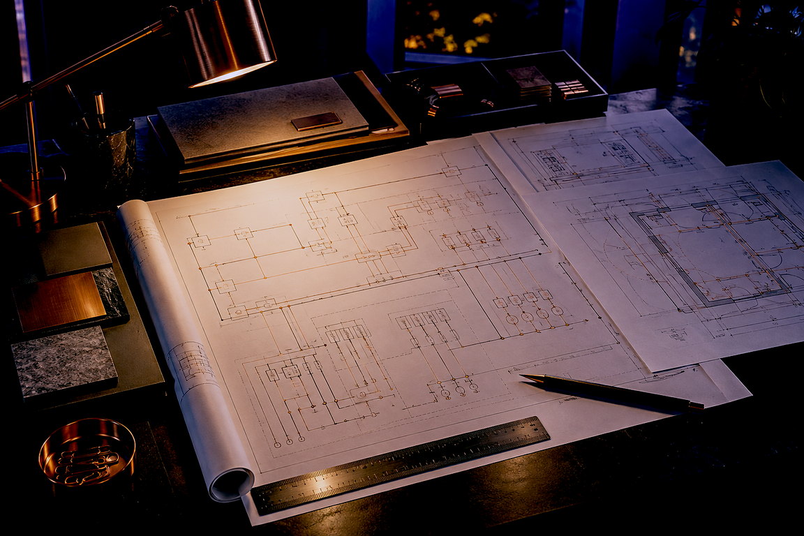 Plans et synoptiques déroulés sous une lampe d’architecte