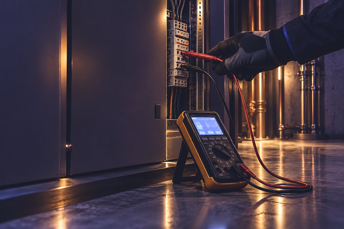 Appareil de mesure branché sur un bornier d’armoire