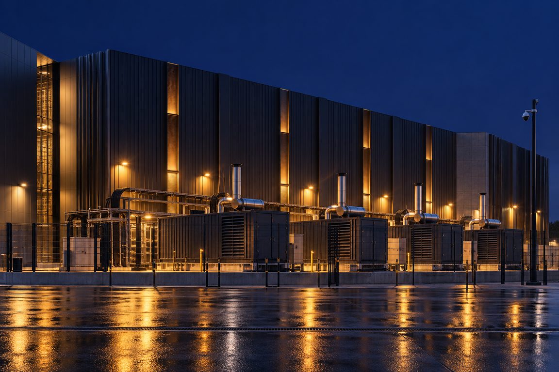 Campus data center la nuit : façade sombre à lames verticales, groupes électrogènes alignés et clôture de sûreté