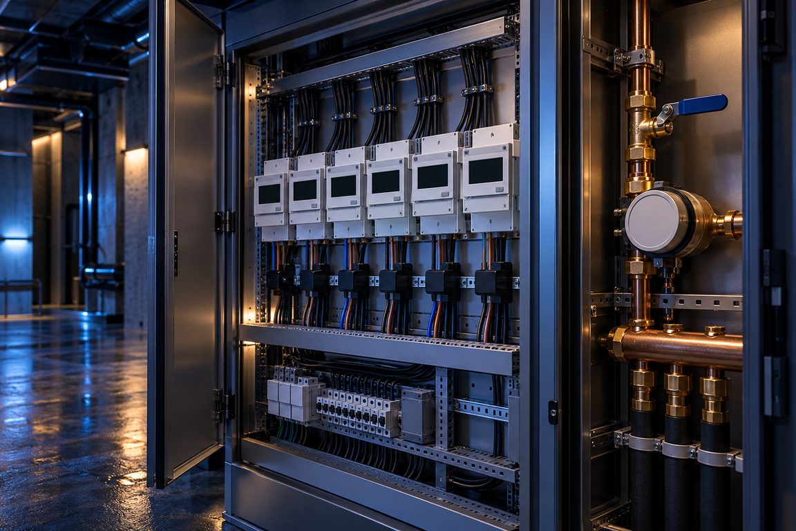 Armoire de comptage des énergies : compteurs électriques modulaires, transformateurs de courant et compteur d’eau sur nourrice cuivre